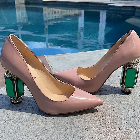FSJ nude pointy toe green crystal chunky heels slip on shoes - Picture 2 of 3